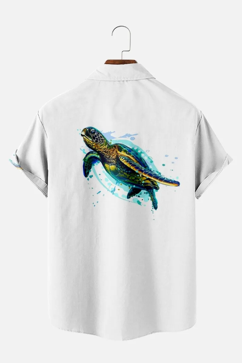 22022 Men's short sleeve lapel shirt White Turtle Casual Fashion Street trend 3D printed men's top Business casual menswear top