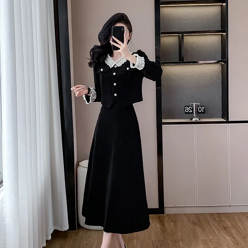 Real Photos 2024 Autumn and Winter Sweet Youthful Ruffled Classic Style Long Two-Piece A-Line Slimming Dress Set High Quality