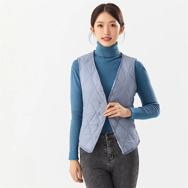 Women New Autumn Winter Collarless Ultra Light Down Vests Rhombic Lattice Simplicity Solid Warm Portable Slim Fit Waistcoats