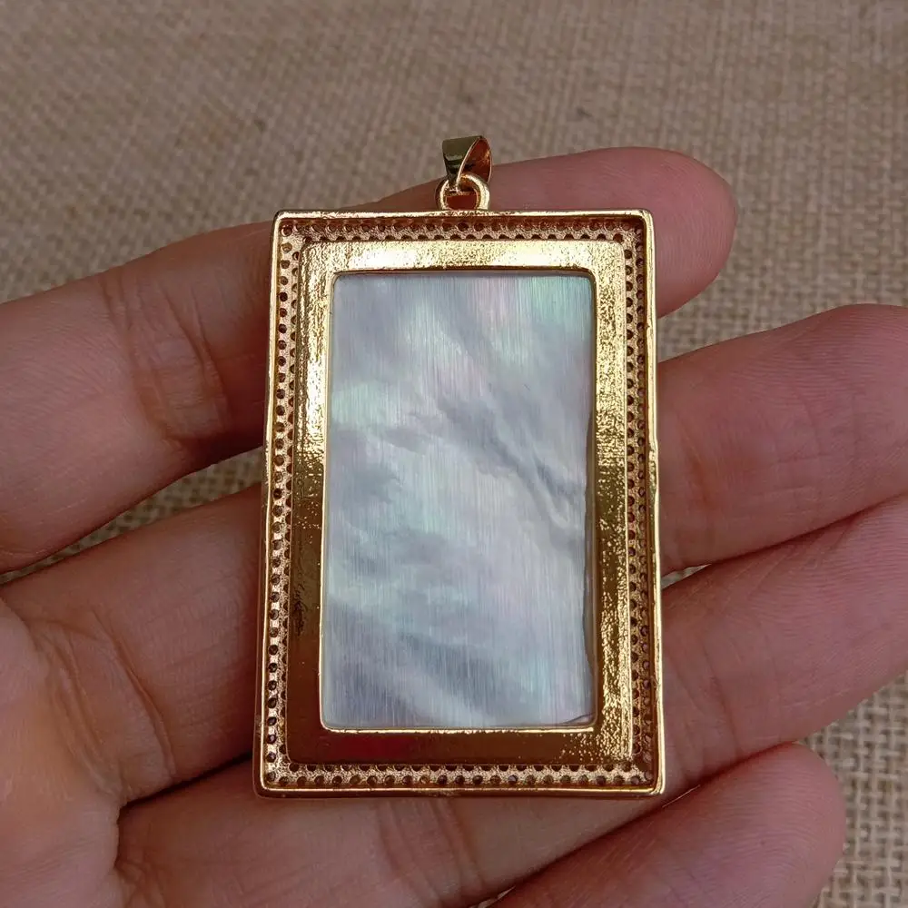 5Pcs White Sea Shell Pendant Rectangle Cz Pave Pendant Charm Fashion Jewelry