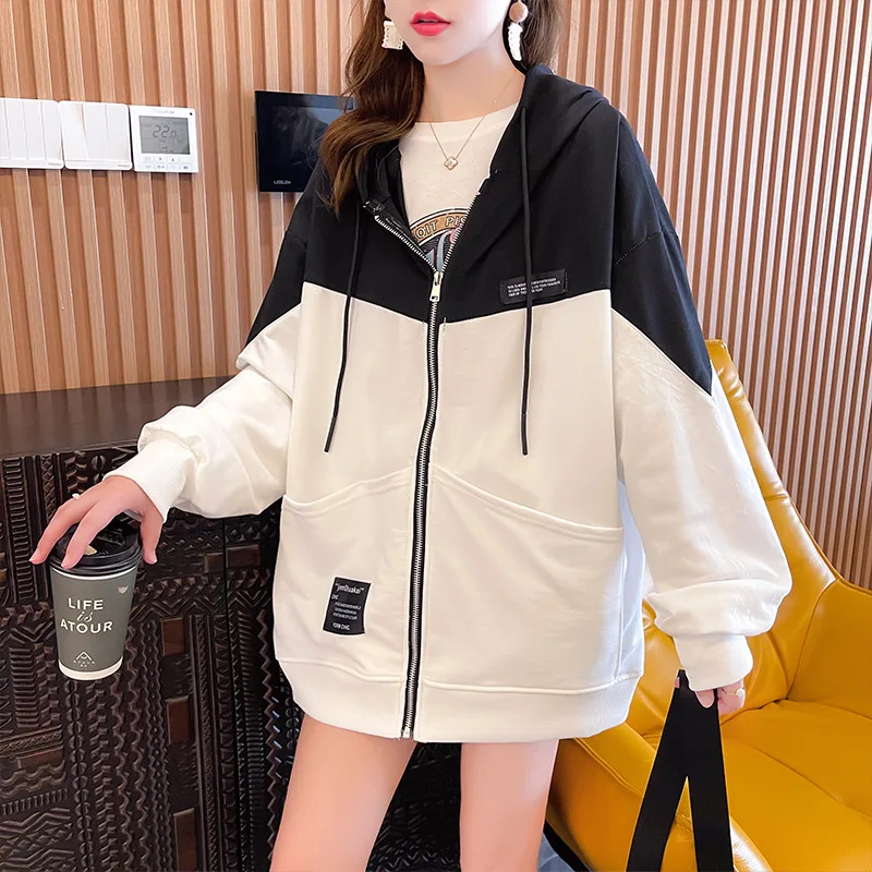 Women Harajuku Streetwear Casual Long Sleeve Korean Fleece Contrast Color Oversize Female Hooded Sweatshirts Zipper Hoodie Coats