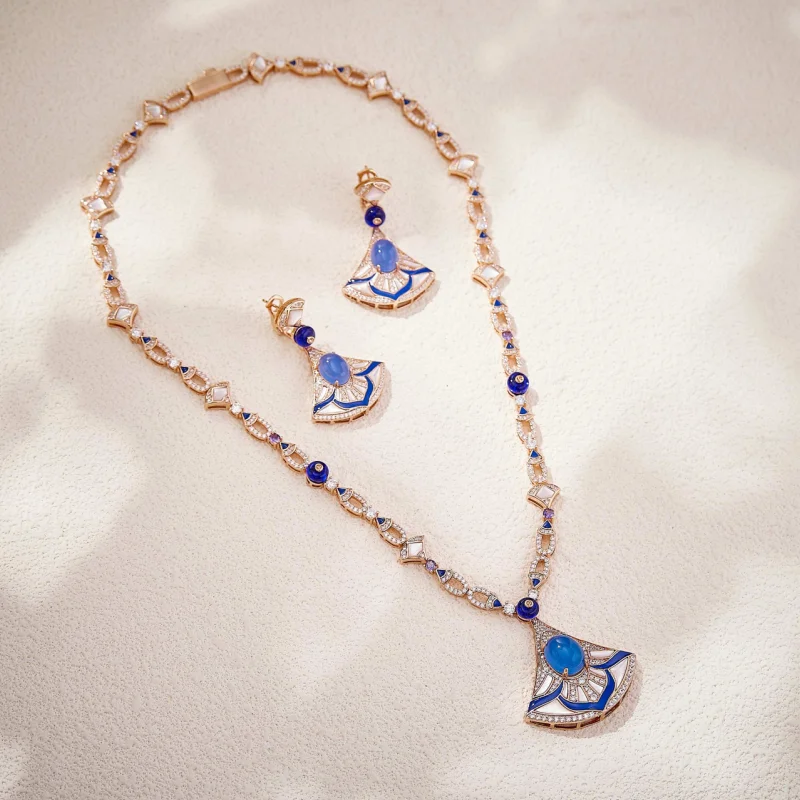

Europe America Style Necklace Earrings Women Lady Inlay Cubic Zircon Enamel Synthetic Sapphire Fan-shaped Pendant Party Jewelry