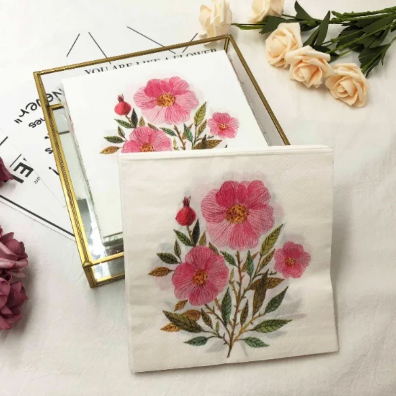 20pcs/P Wholesale Customized Floral Printed Napkins on White Background Square Paper Napkins Wedding Party Floral Facial Tissue