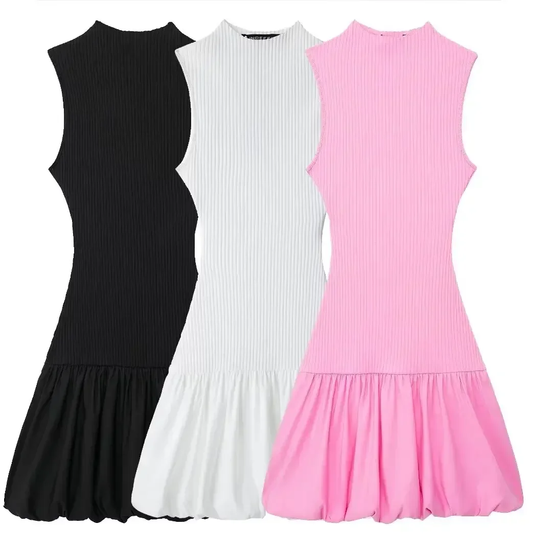 

Women's New Fashion Balloon Shaped hem Elastic Slim Fit Ribbed Mini Dress Retro Sleeveless Backless Women's Dress Mujer Z0275