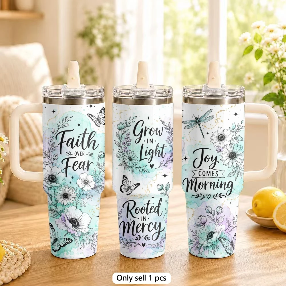 Christian Faith Vacuum Flasks 40oz Stainless Steel Thermal Tumbler with Handle & Straw Leakproof Car Vacuum Travel Mug