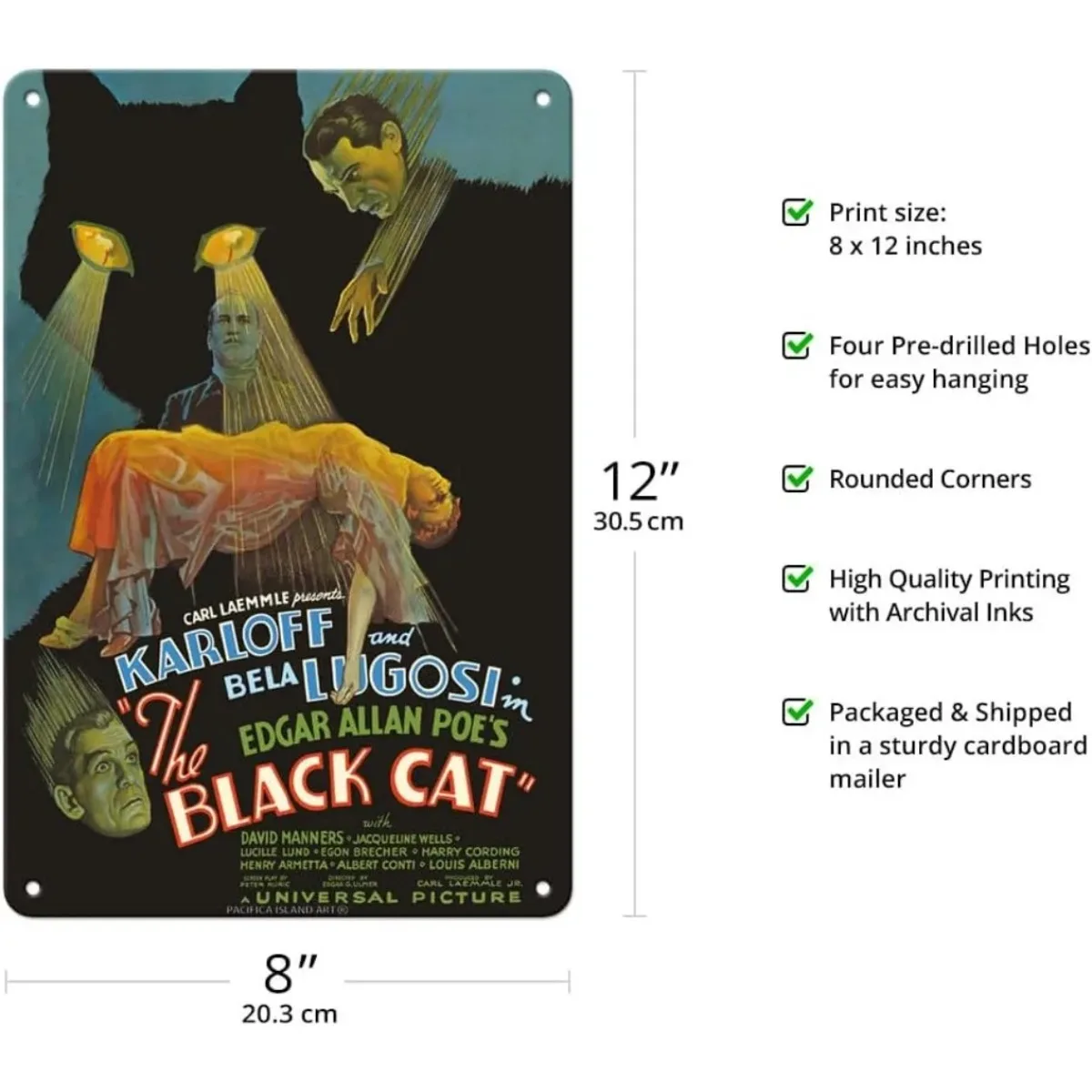 Vintage The Black Cat Metal Sign - Pacifica Island Art 1934 Film Poster, Boris Karloff & Bela Lugosi Tin Decor