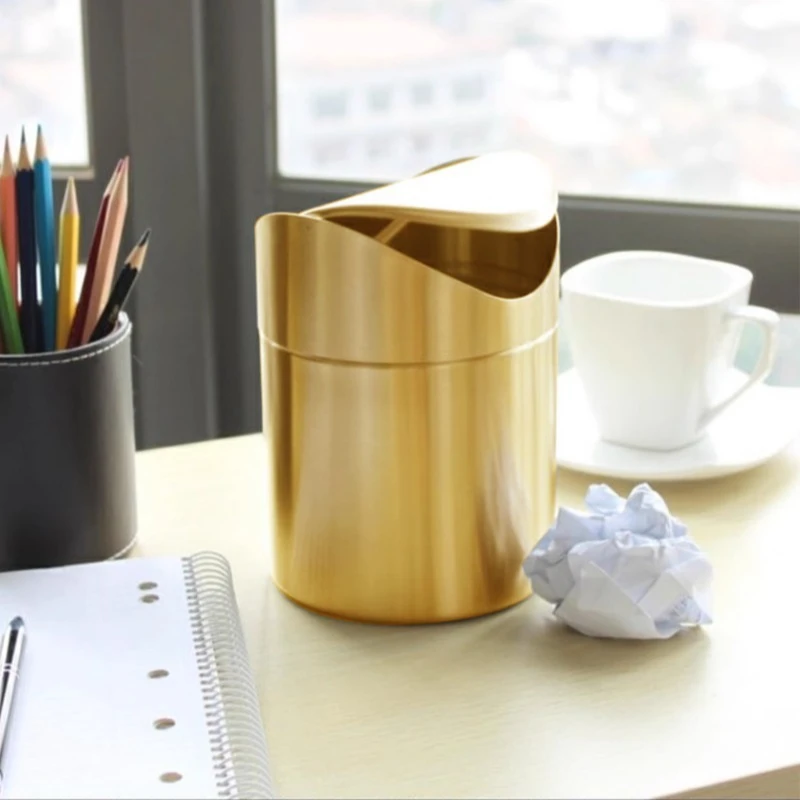

Золотой настольный мусорный бак из нержавеющей стали 304, креативная трубка для хранения, легкая роскошная бумажная корзина с крышкой, мусорный бак