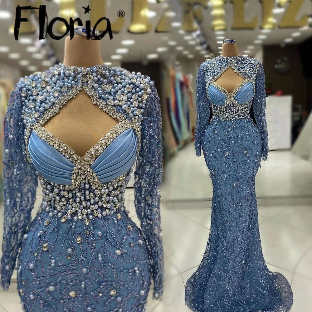 Beading Light Blue Mermaid Party Dresses Women 2024 Formal Occasion Dresses Muslim Long Sleeves Mermaid Prom Dress فستان حفلات ا