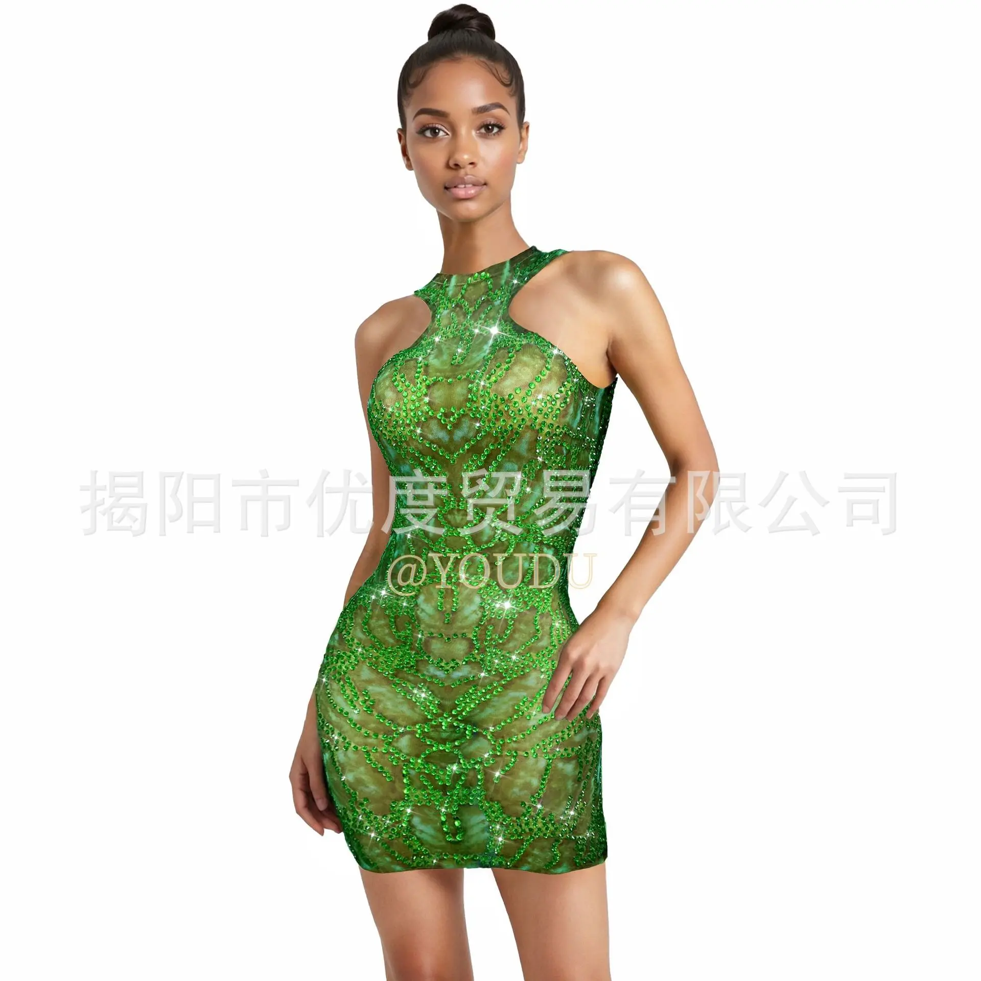 Sexy vert strass licou découpé robe fête d'anniversaire dos nu scène tenue ombre vert concepteur luxe robes de soirée