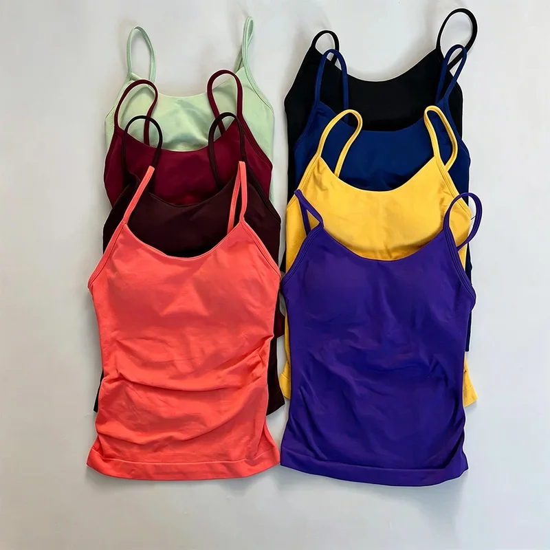 Denyf Seamless Tight Yoga Tank Top With Removable Chest Pad Thin Shoulder Strap Backless Fitness Wear Quick Dry Sports