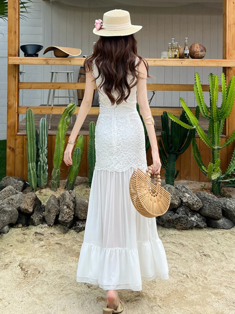 Summer Women 2-Piece White Lace Outfit Sexy O Neck Crop Short Tops Shirt And High Waist Ruffle Maxi Skirt Vacation Slim Set New view 2