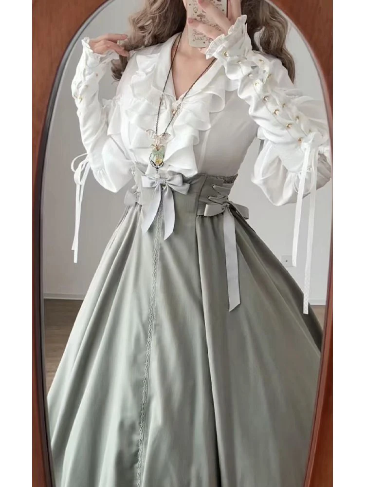 Retro Court Style Heavy Work Long Sleeve White Shirt Women Early Autumn 2026 New Waist Cinching Slimming Long Skirt Set