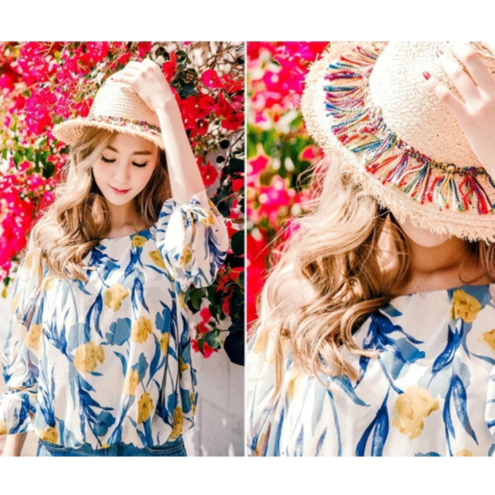 

Sun Protection Straw Hat Lightweight Portable Beige Casual Beach Outdoor Activities Breathable Tassel Women's Caps Summer Parent