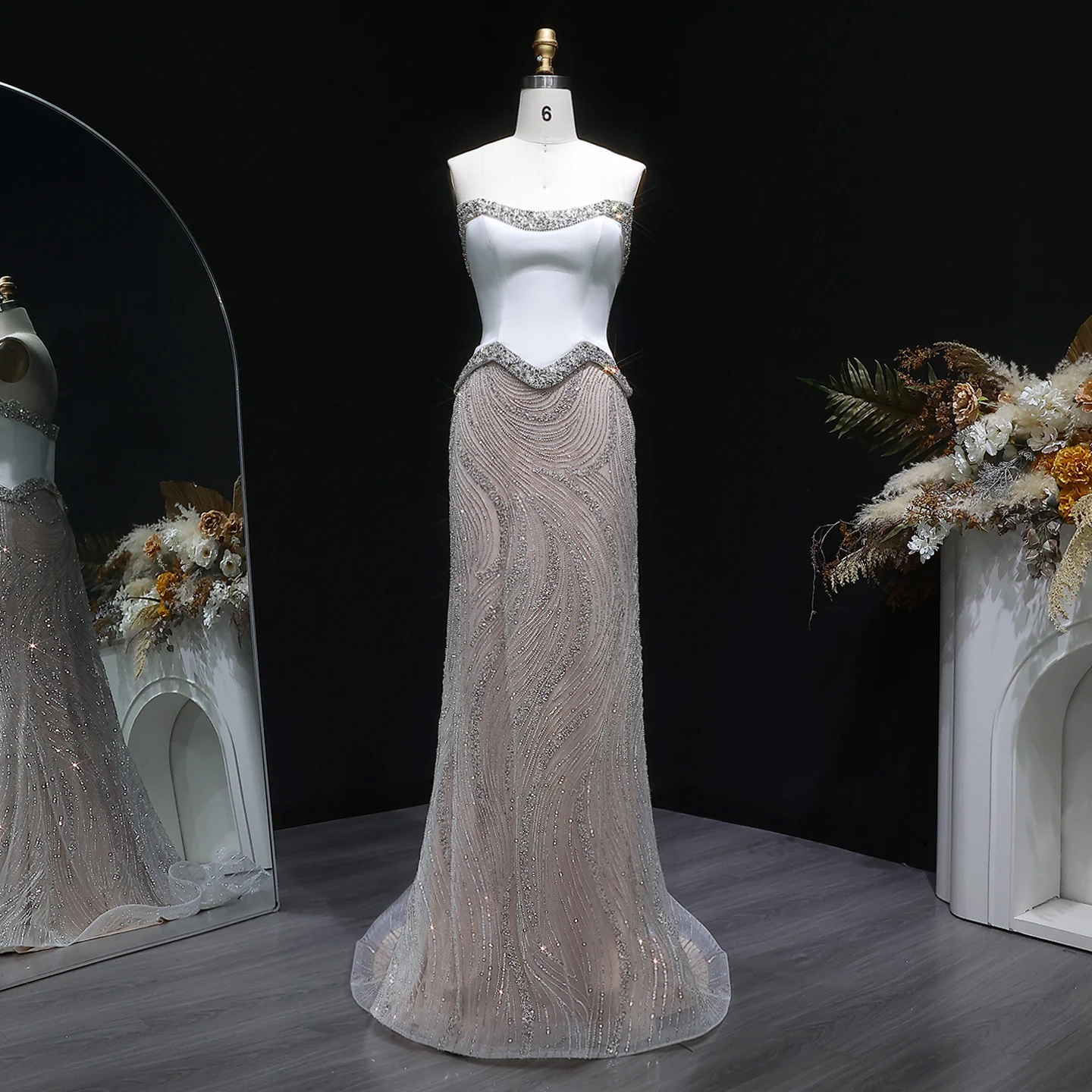 Sharon Said Luxuriöse Perlenbesetzte Meerjungfrauen-Abendkleider für Damen, Trägerlose Pailletten-Ballkleider SS790, Maßanfertigung – Detail 4