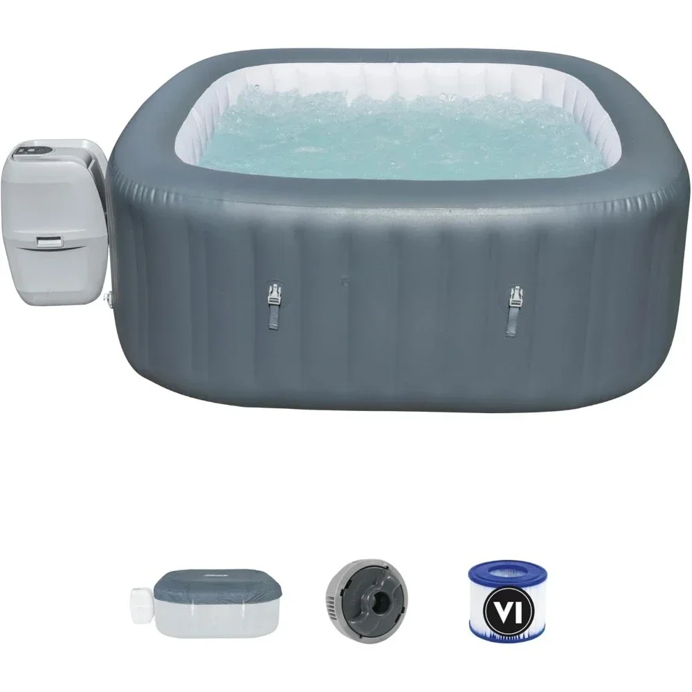 

Large Square 4 to 6 Person Inflatable Hot Tub Portable Outdoor Spa with 140 AirJets and EnergySense Cover, Grey