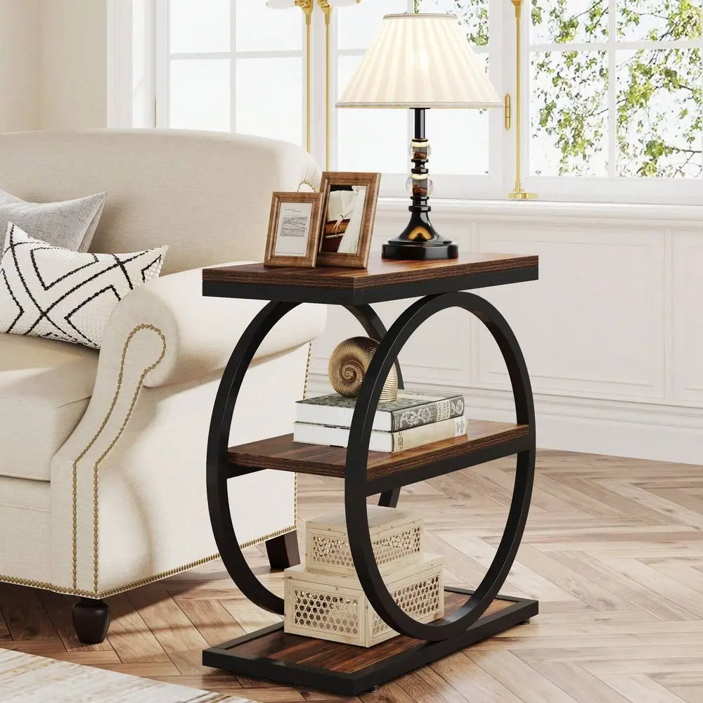 

3Tier Narrow End Table Wood Side Table With Black Metal Frames, Industrial Sofa Side Table For Living Room, Compact Nightstand