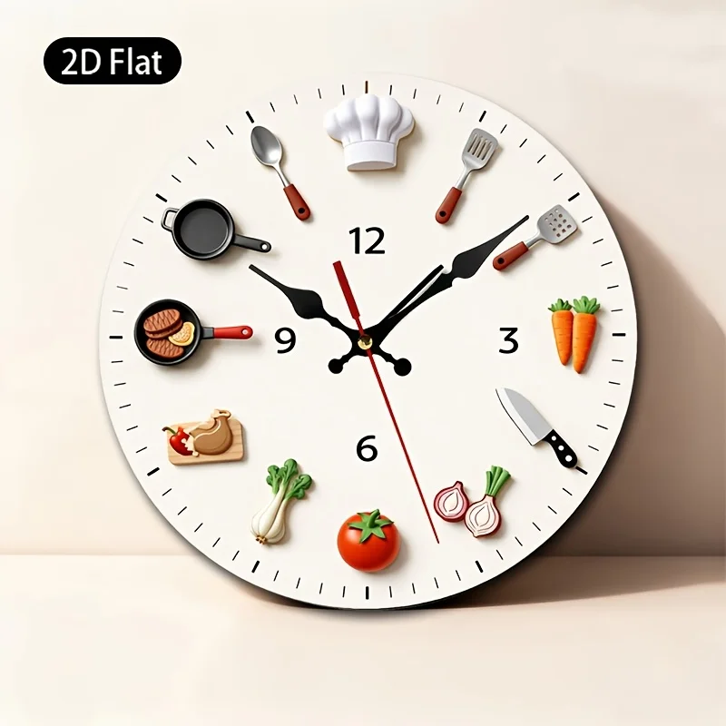 Single-piece, 2D Flat Wall Clock Featuring Designs of Chef's Hat, Spoon, Spatula, Frying Pan, Steak Carrot, Knife