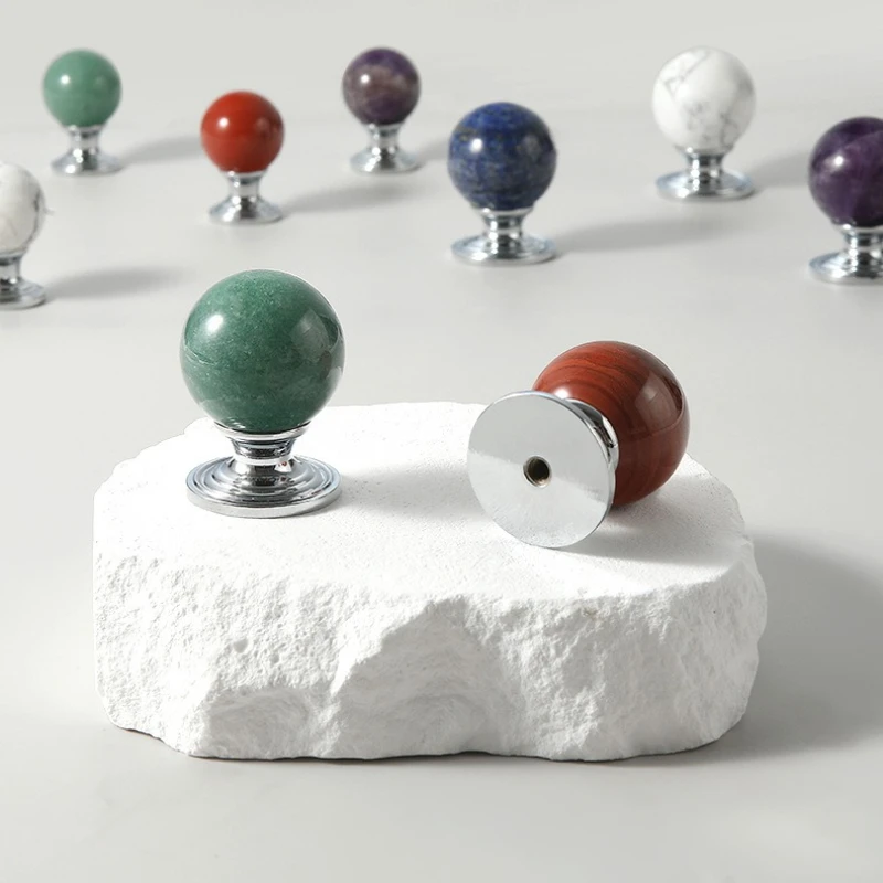 Natural Stone Furniture Handle Cabinet Drawer Knobs Wardrobe Door Handle Shoe Cabinet Pulls Silver Round Ball Single Hole Handle