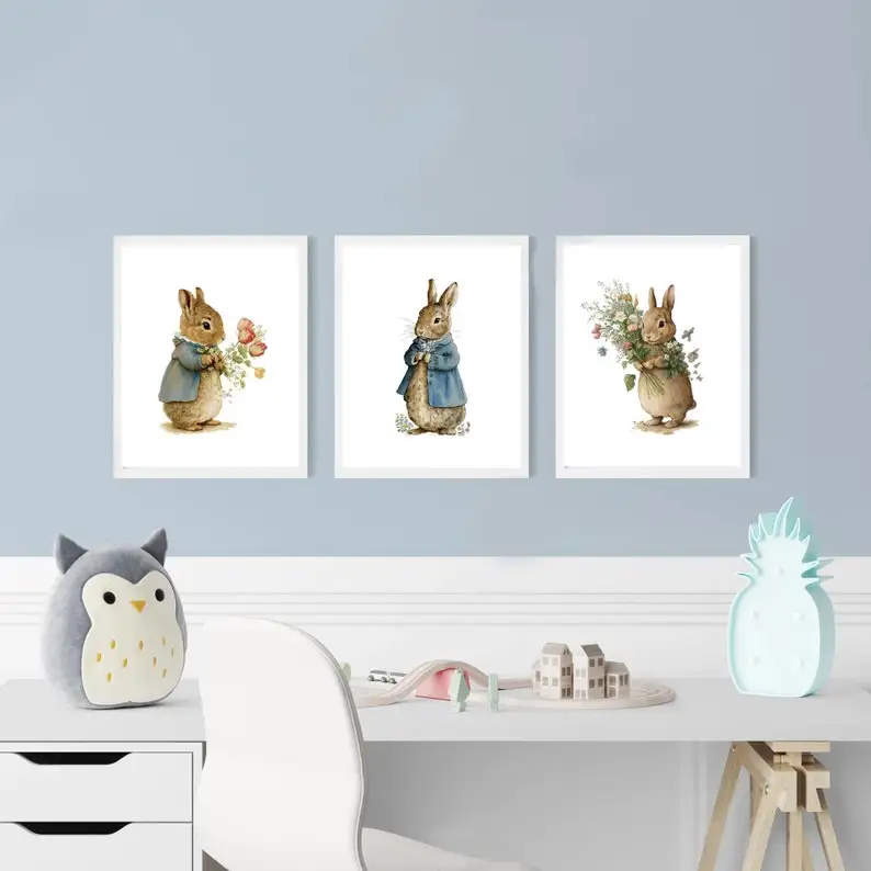 1/3pcs Rabbit Flower Watercolor Version Canvas Printing Easter Bunny Animal Nursery Wall Art Poster for Modern Spring Home Decor