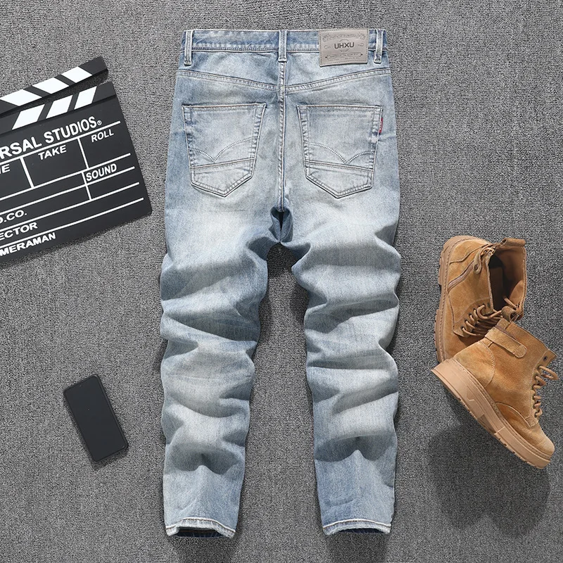 2025 New Nostalgic Grinding White Jeans for Men, High end Fashion Street Stretch Slimming Retro Made Denim Pants