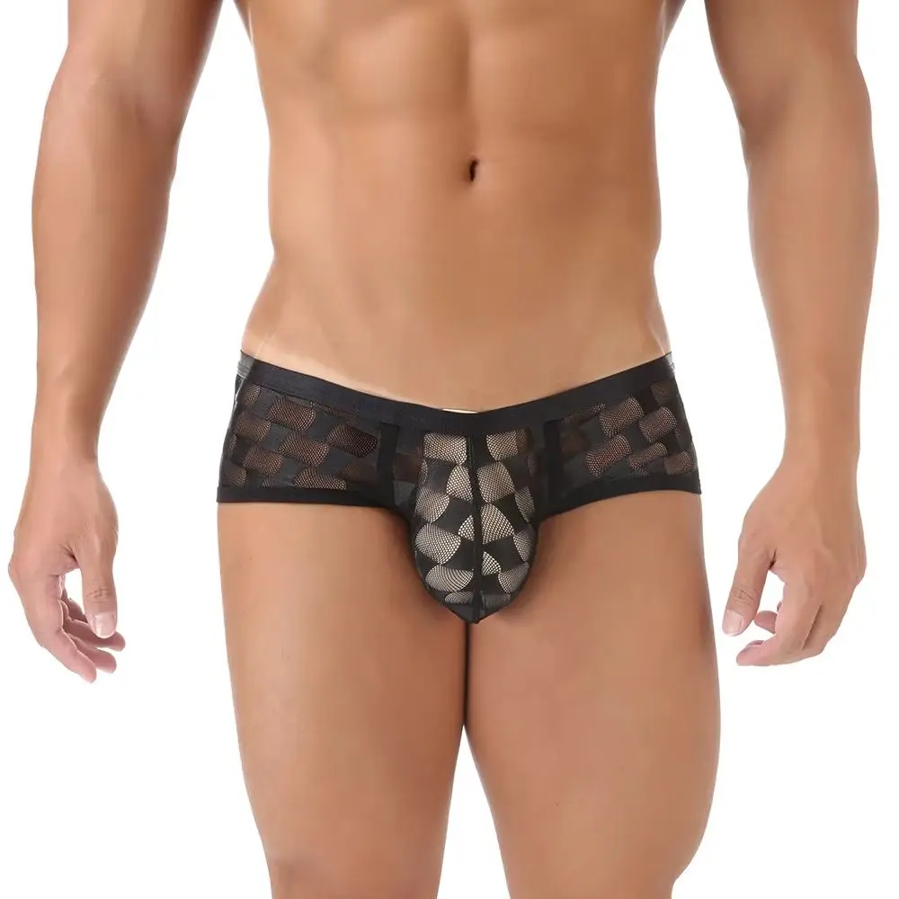 Men's Mesh Checkered Underwear Transparent Ultra Thin Boxer Briefs Sexy Low Waist U Convex Pouch Lingerie Breathable Underpants