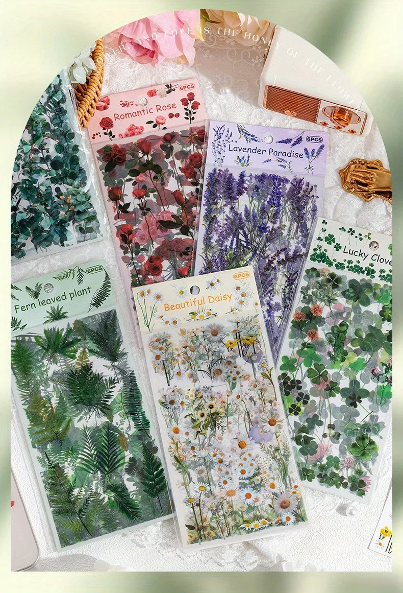 6 Sheets/pack PET Die-cut Sticker Retro Plants Flowers Ferns Clovers Lavenders DIY Scrapbook Junk Journal Collage Materials
