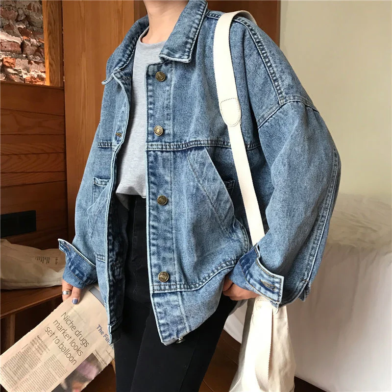 Denim Jacket Women\'s Spring Autumn New High Street Jeans Coat Oversize Loose Basic Jackets Simple Versatile Lapel Outerwear
