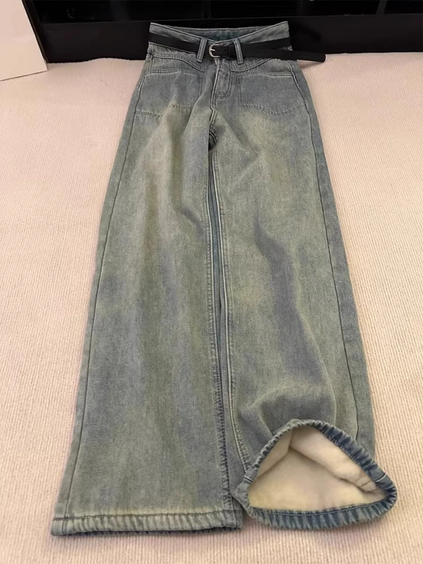 

Thickened Fleece High Waist Straight Leg Jeans Women's Autumn Winter New Style Vintage Washed Design Slimming Wide Leg Pants