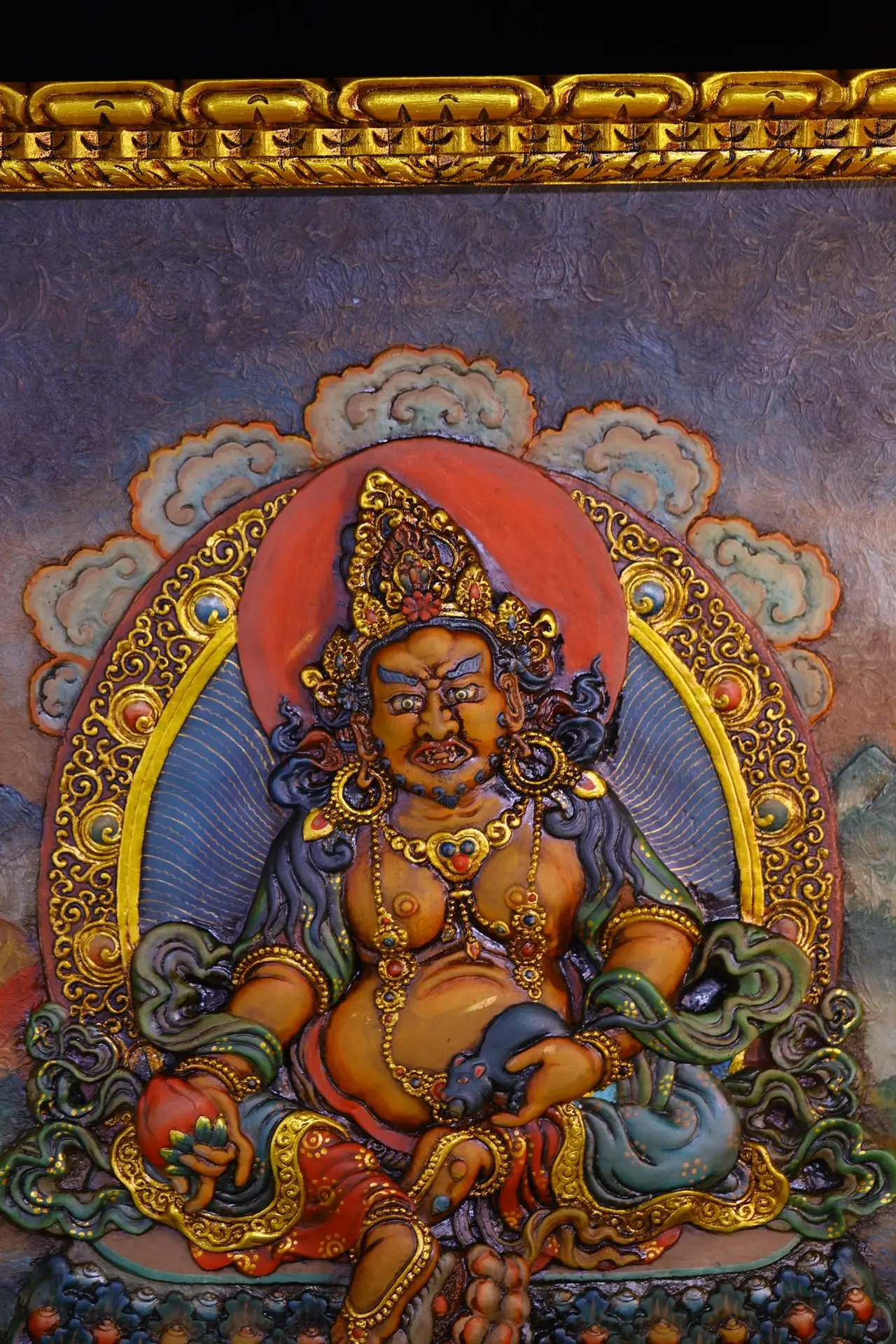 

26"Tibetan Temple Collection Old Bodhi Root Wood Outline in gold Mosaic Gem Yellow Jambhala Buddha Thangka Wall hanging Exorcis