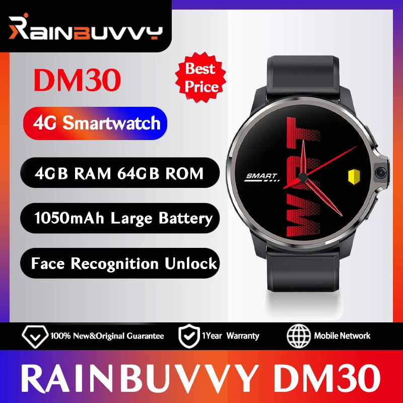 

Rainbuvvy DM30 Dual System 4G LTE Smartwatch 4GB RAM 64GB ROM 1.6'' IPS Screen 5MP Camera GPS WIFI Face Recognition Man Watch