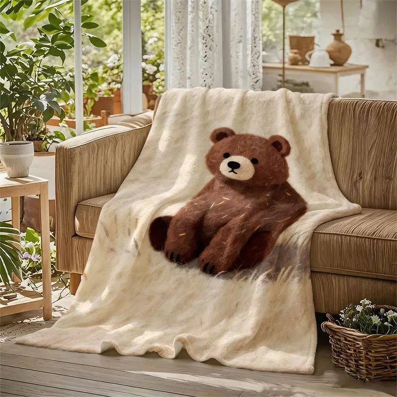 Felt Brown Bear Art Flannel Blanket Perfect for Sofa Office Bed Travel Sleep Read Relax Camping Four Season Use