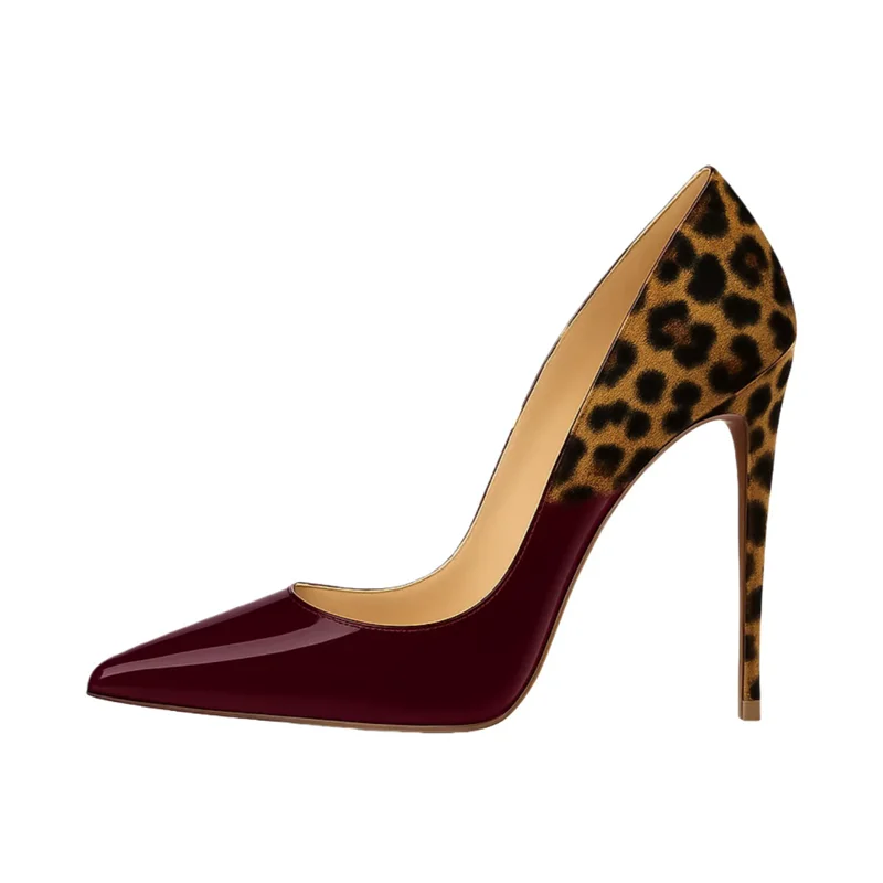 Spring new pointed patent leather leopard suede stitching sexy single shoes banquet large size customized women's high heels
