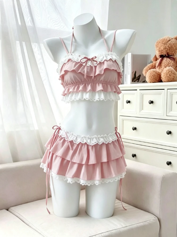 Sweet Y2K Aesthetic Swimsuit Women Japanese Lolita Printed Ruffle Halter Bikini Two Piece Outfit Beach Daily