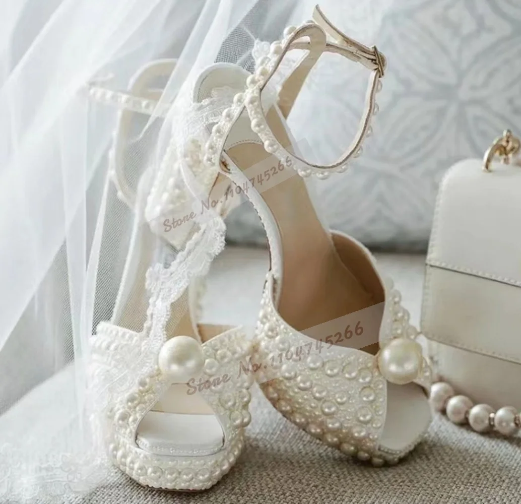 Big Small Full Pearl Chunky Heel Sandals Luxury Platform Beaded Glossy Wedding Dress Shoes Buckle Strap Open Toe Party Heels
