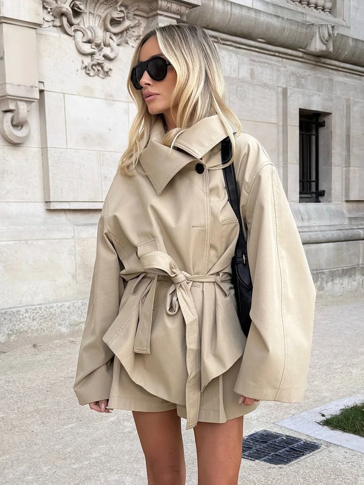 

HH Women High Street Short Coat Lapel Wear Belt Single-breasted Women Autumn Fashion Pockets Long Sleeves Solid Jackets