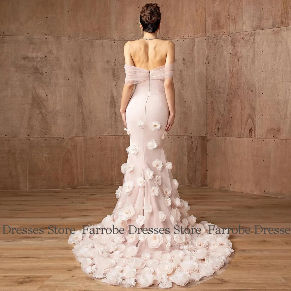 فساتين سهرة نسائية فاخرة من قماش الكريب حورية البحر/البوق فستان عيد الحب وردي عاري الكتفين زهور ثلاثية الأبعاد فستان حفلة موسيقية