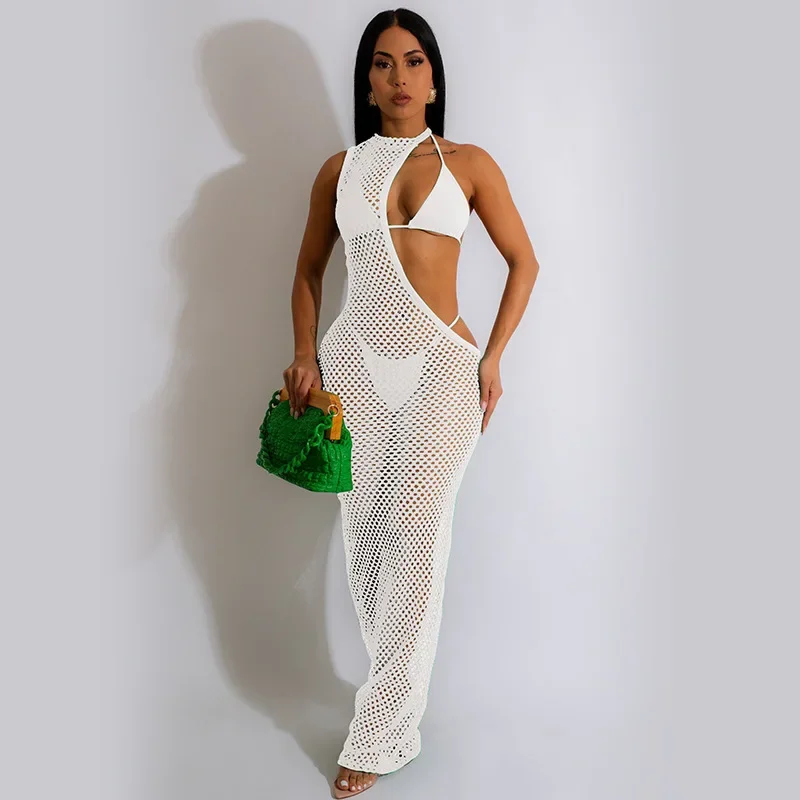 Knitted Crochet Beach Cover Ups Women Solid One Shoulder Sleeveless Long Maxi Dress 2024 Summer Sexy Hollow Out Bikini Covers