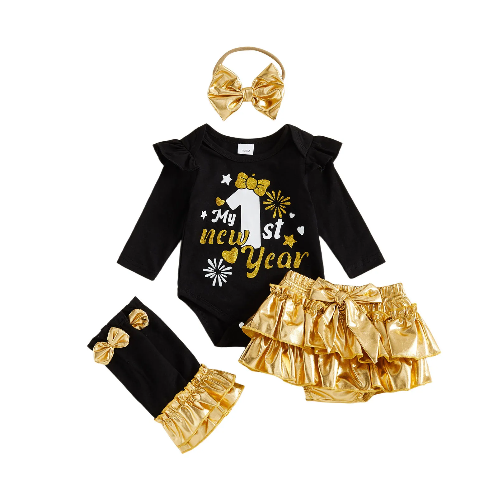 

Baby Girl New Year Outfits Letter Long Sleeve Romper Metallic Luster Tiered Shorts Bow Headband Leg Warmer