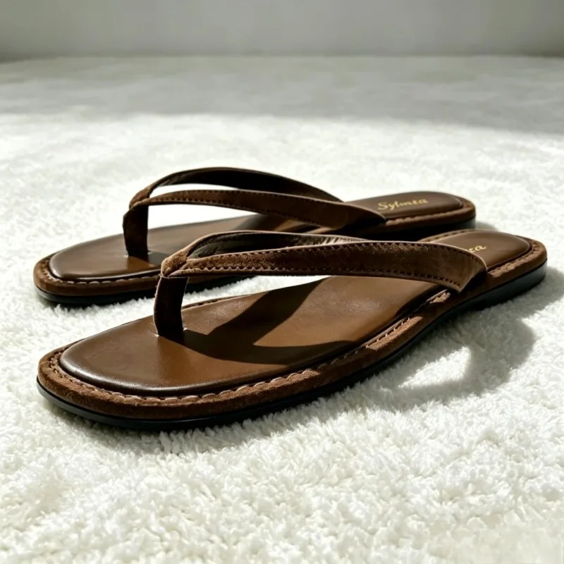2026 Summer Brown Faux Suede Flip Flops Women Fashion Round Toe Clip Toe Flat Sandals Street Style Comfortable Women's Slippers