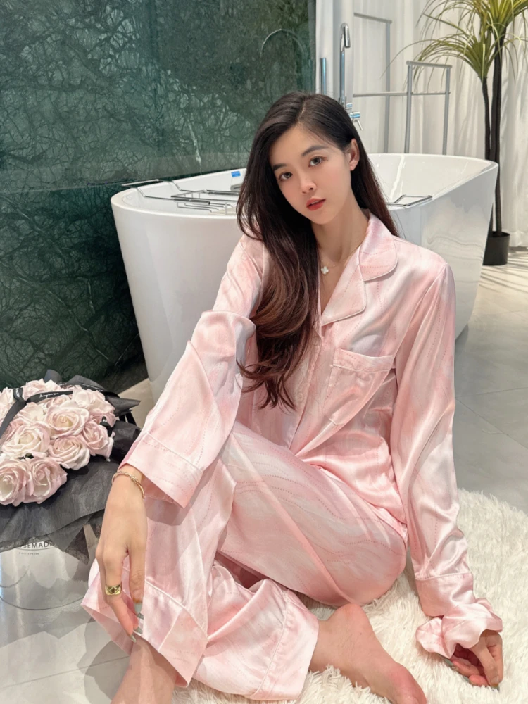 Ice Silk Pajamas Women's Spring/Autumn New Long-sleeved Cardigan Thin High-end Sense Silk Satin Home Clothes suit M-2XL