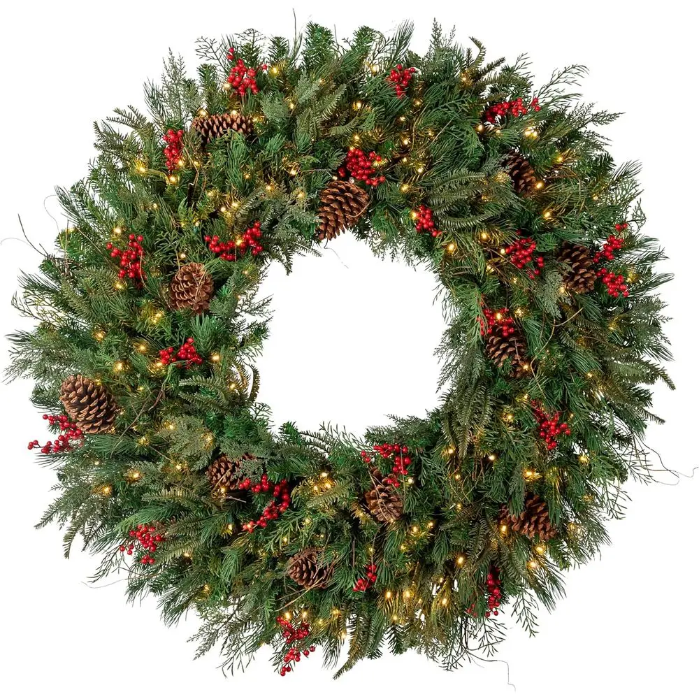 

Рождественский венок из красной ягод сосны — традиционный венок на входную дверь с натуральными элементами и светодиодными прозрачными огнями, плагин, 48 шт.