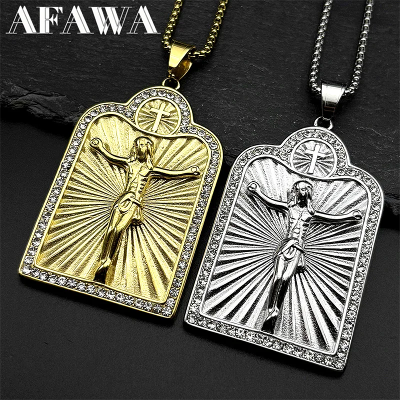 

Stainless Steel Christian Jesus Crucifix Cross Pendant Necklaces for Men Women Gold Color Rhinestones Chain Amulet Jewelry Gift