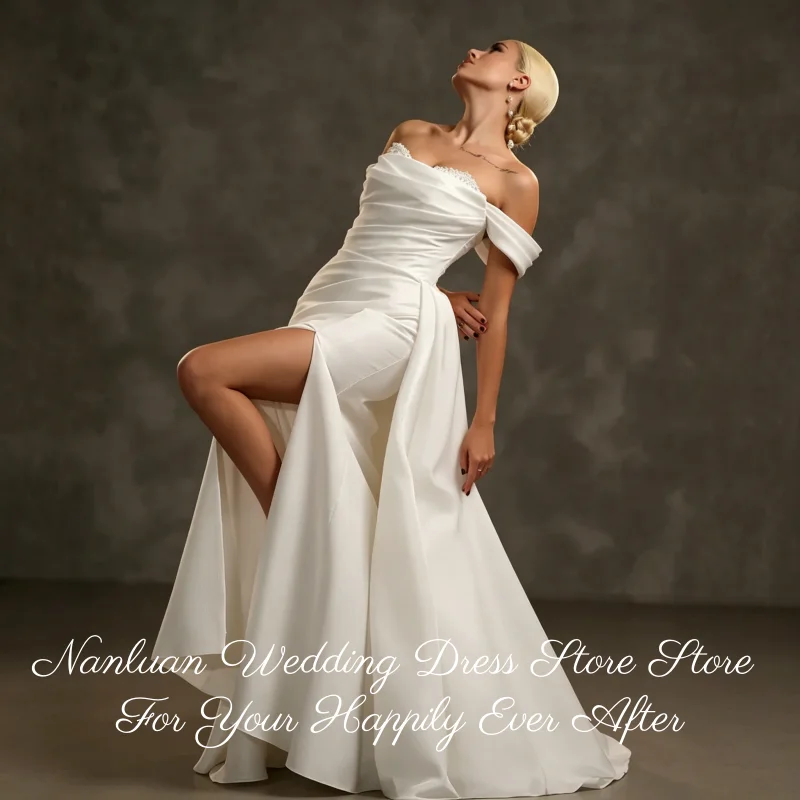26 Registry Elopement Satin Wedding Dress Detachable Fold Over Sleeve High Thigh Slit Vestidos de Novia Customized