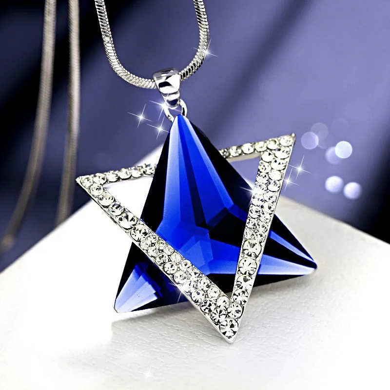 Korean Triangle Crystal Diamond Six-pointed Star Pendant Necklace for Women Sweater Chain Necklace Jewelry Collares Para Mujer