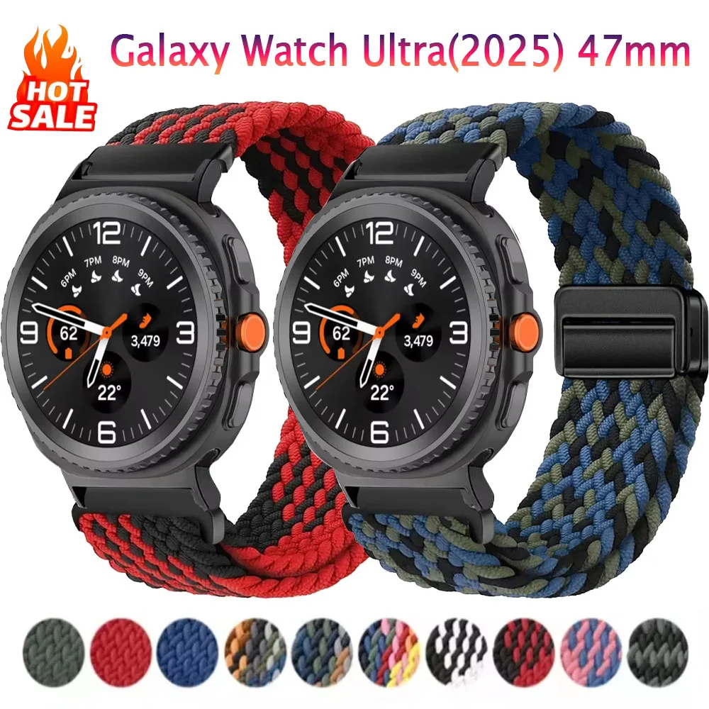 Nylon geflochtenes Schlaufenarmband für Samsung Galaxy Watch Ultra 2025, 47 mm, Metall-Magnetarmband, Armband Galaxy Watch Ultra 47 mm Band
