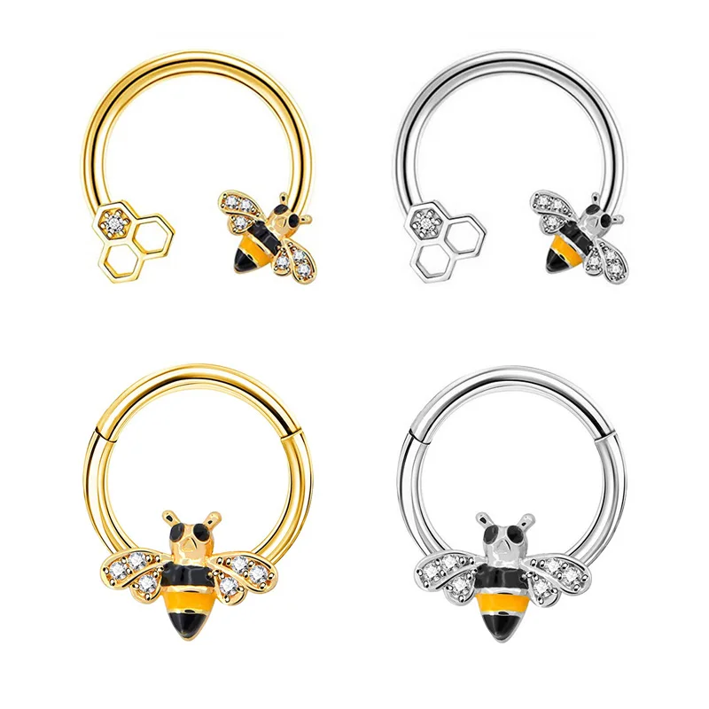 1pc 16G Cute Bee CZ Septum Ring Surgical Steel Hinged Cartilage Earring Hoop Nose Ring Tragus Daith Rook Helix Piercing Jewelry