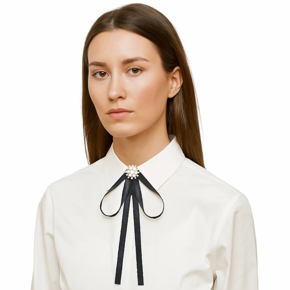 Sweet Solid Color Black Ribbon Pin Pearl Rhinestones Black Bow Necktie Lolita Multi-layer Ribbon Badge Brooch Girl
