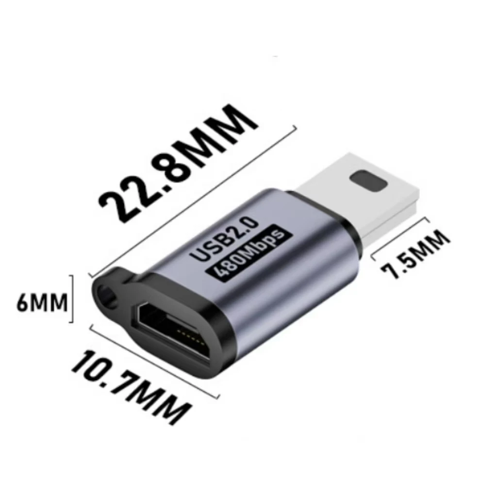 Mini‑USB Male to Micro‑USB Female Adapter, USB2.0 480Mbps Connector with Lanyard Hole, Support Charging & Data Sync