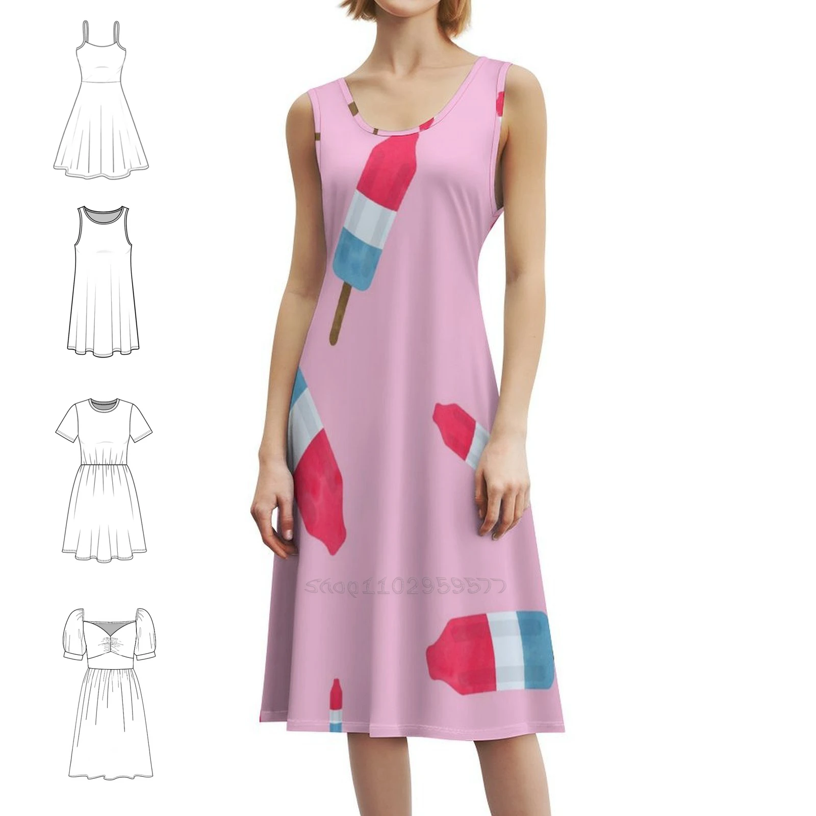 Popsicles-Retro Pattern-( Pink Background ) Sweetheart Neckline Dress Elegant Summer Party Dress For Women Popsicle Ice Cream