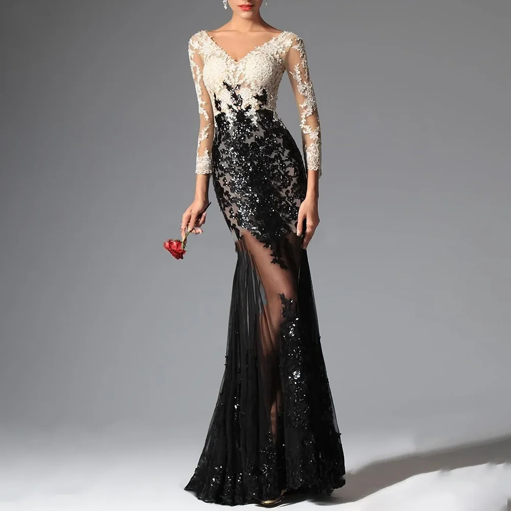 

Black White Lace Elegant Evening Dresses Formal Party Prom Gowns Floor-Length V-Neck Trumpet Evening Prom Dresses Customized
